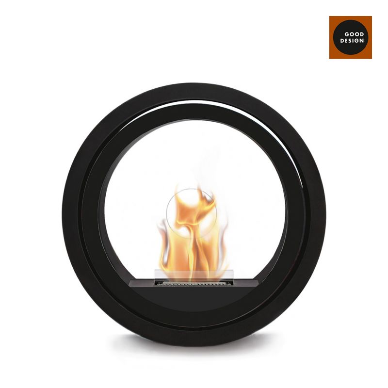 Roll Fire Conmoto rollbarer Kamin mit Tenderflame Brenner, modernes Design, schwarzer runder Rahmen.
